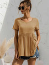 V-Neck Short Sleeve Babydoll Top Tan Blouses - Tophatter Daily Deals