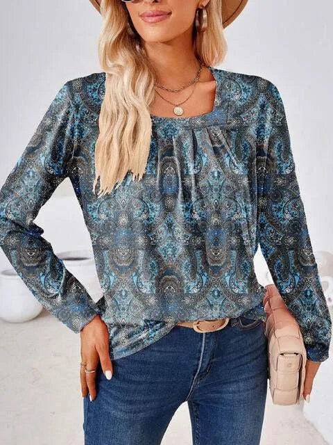 Full Size Square Neck Long Sleeve Blouse Blouses - Tophatter Daily Deals