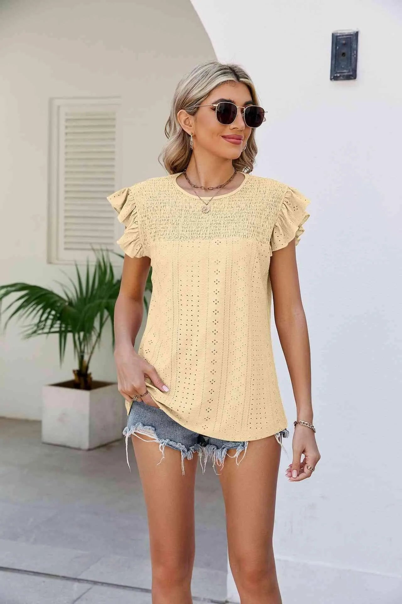 Smocked Round Neck Flutter Sleeve Top Blouses - Tophatter Daily Deals