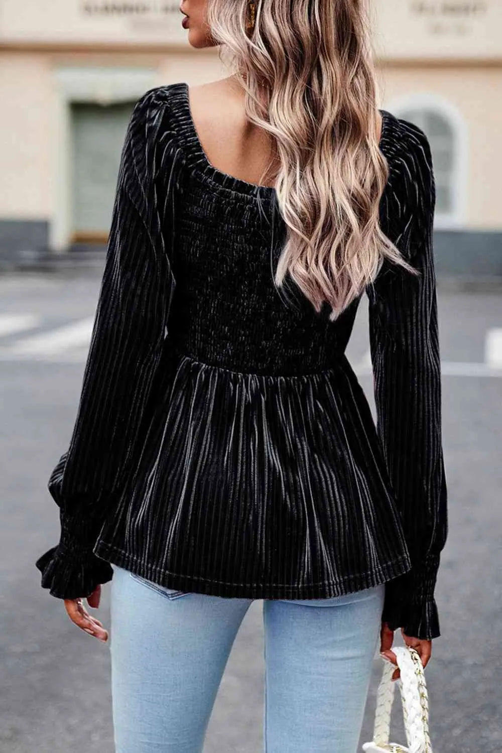 Smocked Square Neck Long Sleeve Blouse Blouses - Tophatter Daily Deals