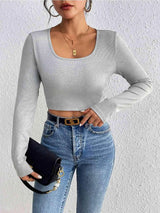 Scoop Neck Cropped Long Sleeve Blouse Blouses - Tophatter Daily Deals