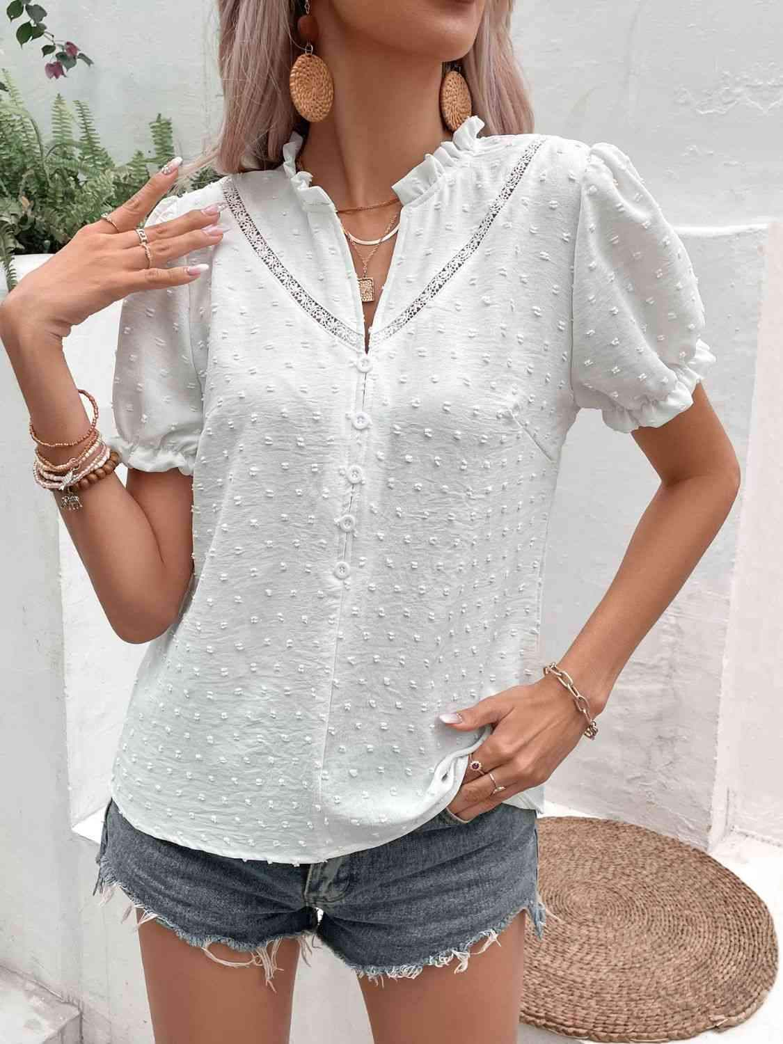 Swiss Dot Buttoned Puff Sleeve Blouse Blouses - Tophatter Daily Deals