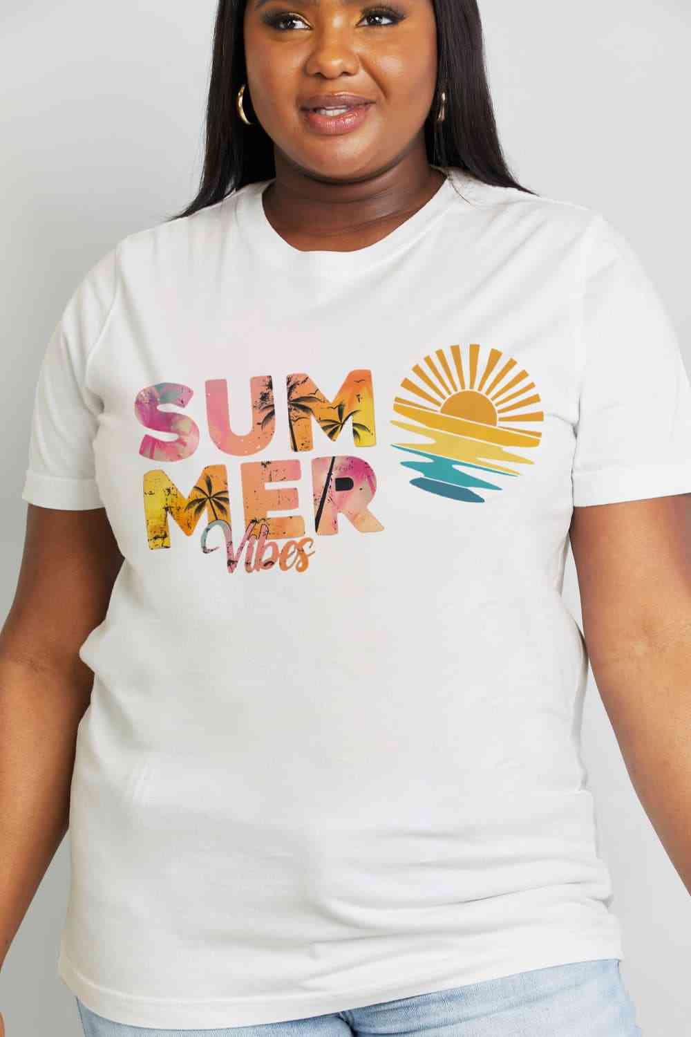 Simply Love Full Size SUMMER VIBES Graphic Cotton Tee Women's T-Shirts - Tophatter Daily Deals