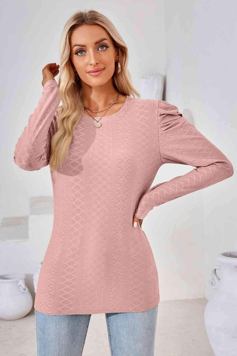 Round Neck Puff Sleeve Blouse Blouses - Tophatter Daily Deals