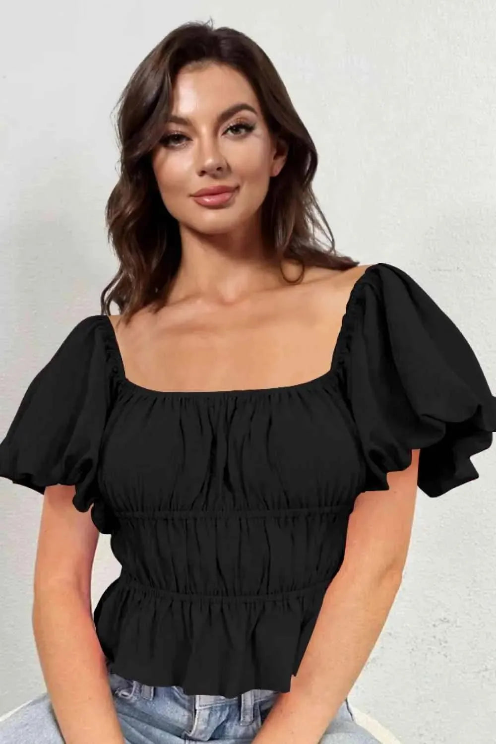 Square Neck Balloon Sleeve Cropped Blouse Black Blouses - Tophatter Daily Deals