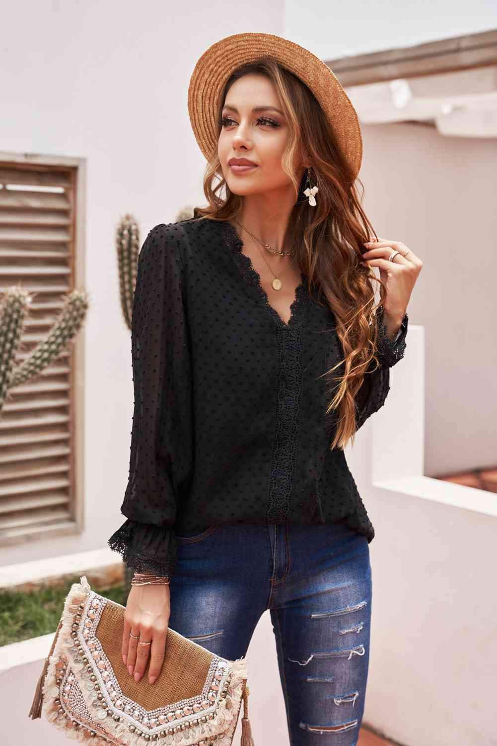 Swiss Dot Spliced Lace Flounce Sleeve Blouse Black Blouses - Tophatter Daily Deals