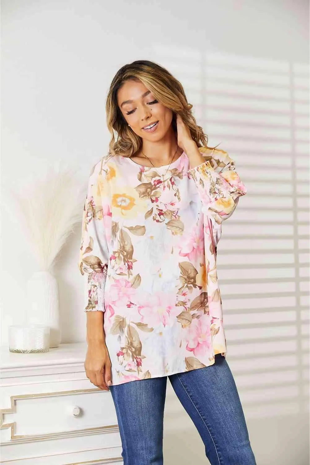 Double Take Floral Round Neck Three-Quarter Sleeve Top Blouses - Tophatter Daily Deals