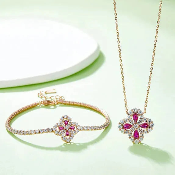 Lab-Grown Ruby 925 Sterling Silver Flower Shape Necklace Necklaces - Tophatter Daily Deals