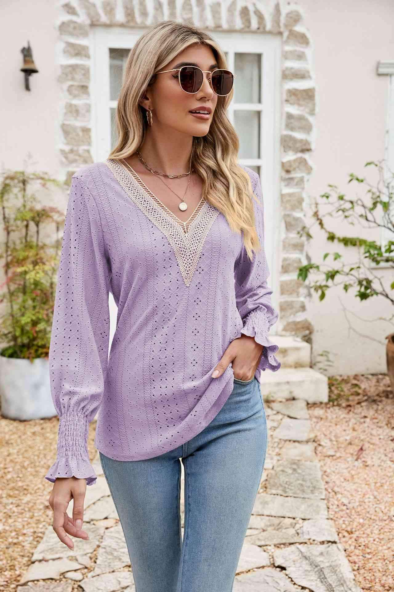 Eyelet V-Neck Smocked Flounce Sleeve Blouse Blouses - Tophatter Daily Deals