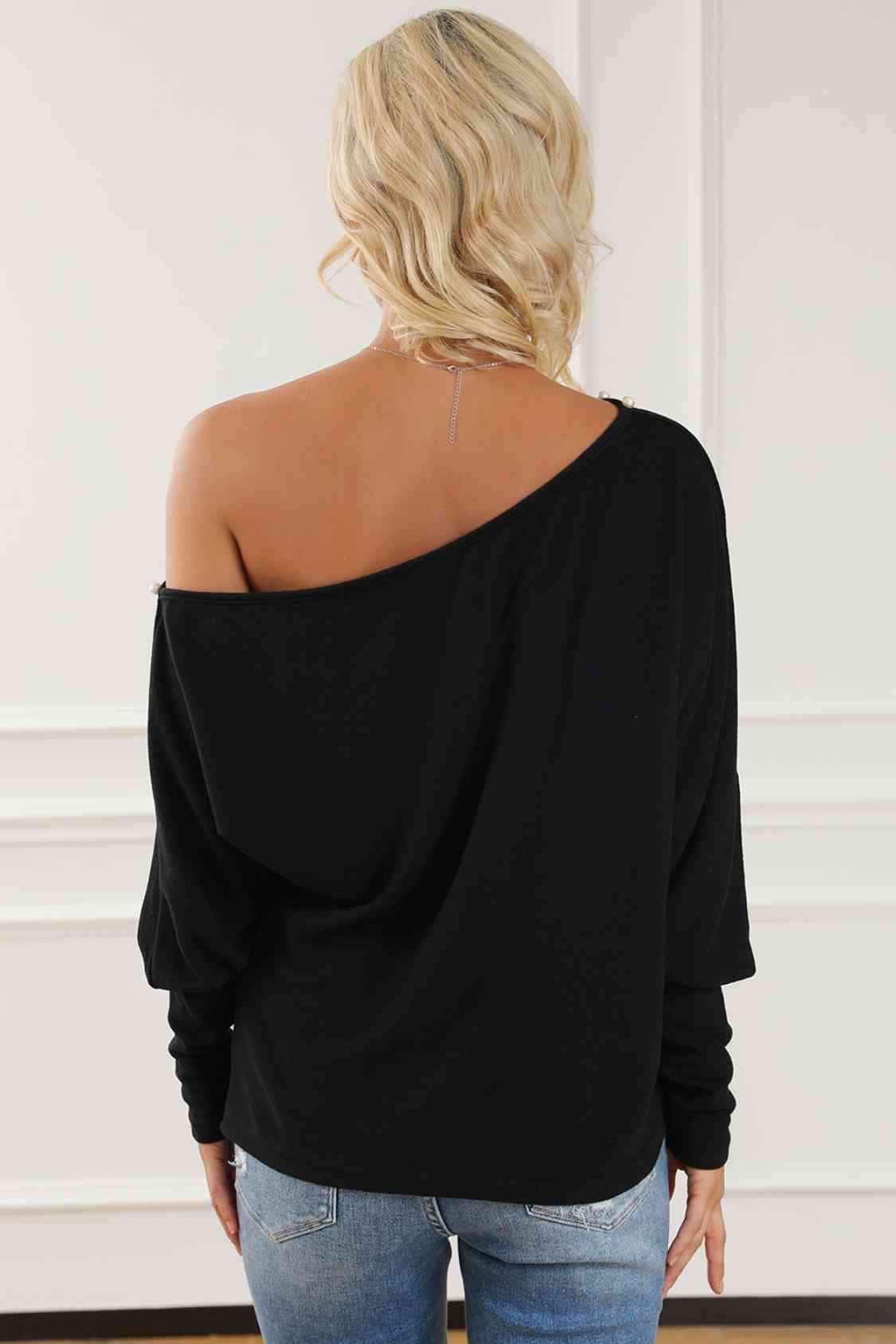 Pearl Trim Lantern Sleeve Top Blouses - Tophatter Daily Deals