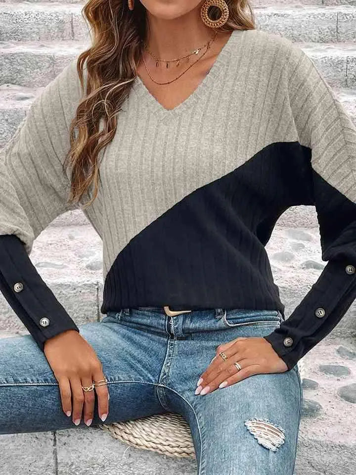 Contrast Buttoned V-Neck Blouse Blouses - Tophatter Daily Deals
