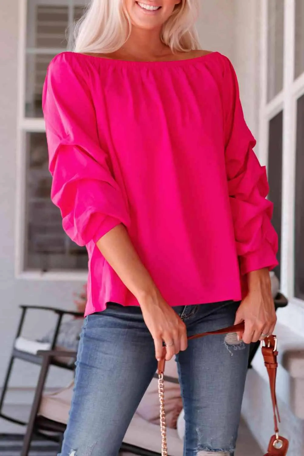 Gathered Detail Off-Shoulder Blouse Rose XL Blouses - Tophatter Daily Deals