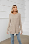 Round Neck Ribbed Long Sleeve T-Shirt Beige Women's T-Shirts - Tophatter Daily Deals