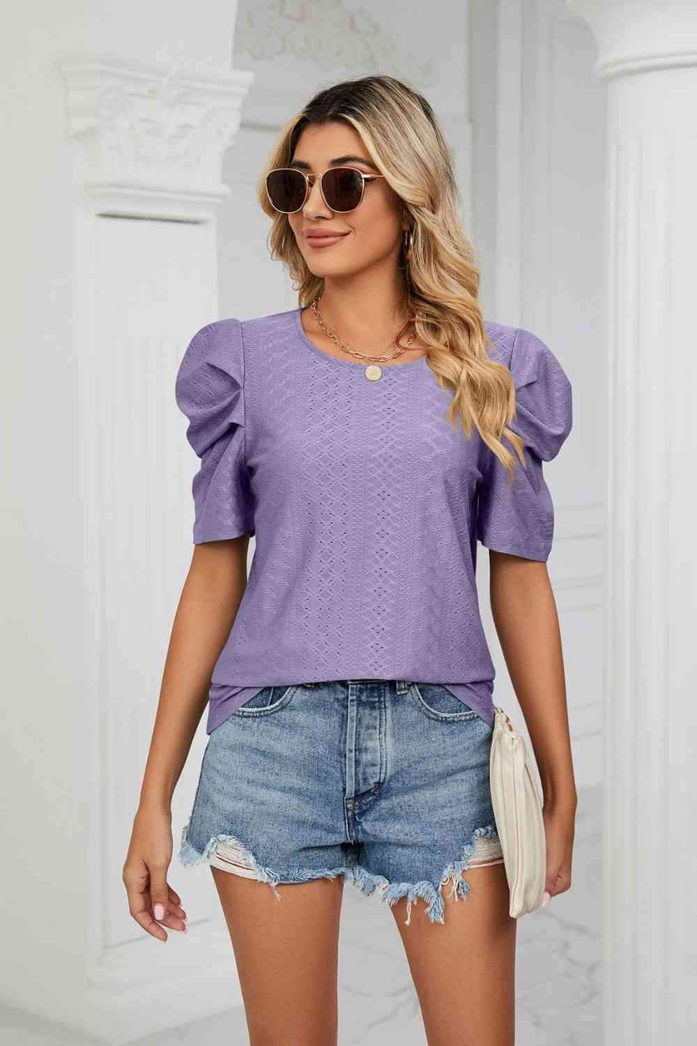 Eyelet Puff Sleeve Round Neck Blouse Blouses - Tophatter Daily Deals