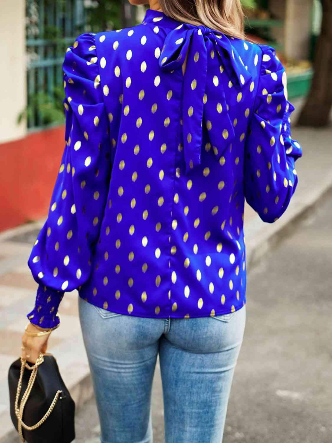 Printed Mock Neck Lantern Sleeve Blouse Blouses - Tophatter Daily Deals