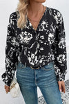 Floral Collared Neck Long Sleeve Top Black Blouses - Tophatter Daily Deals