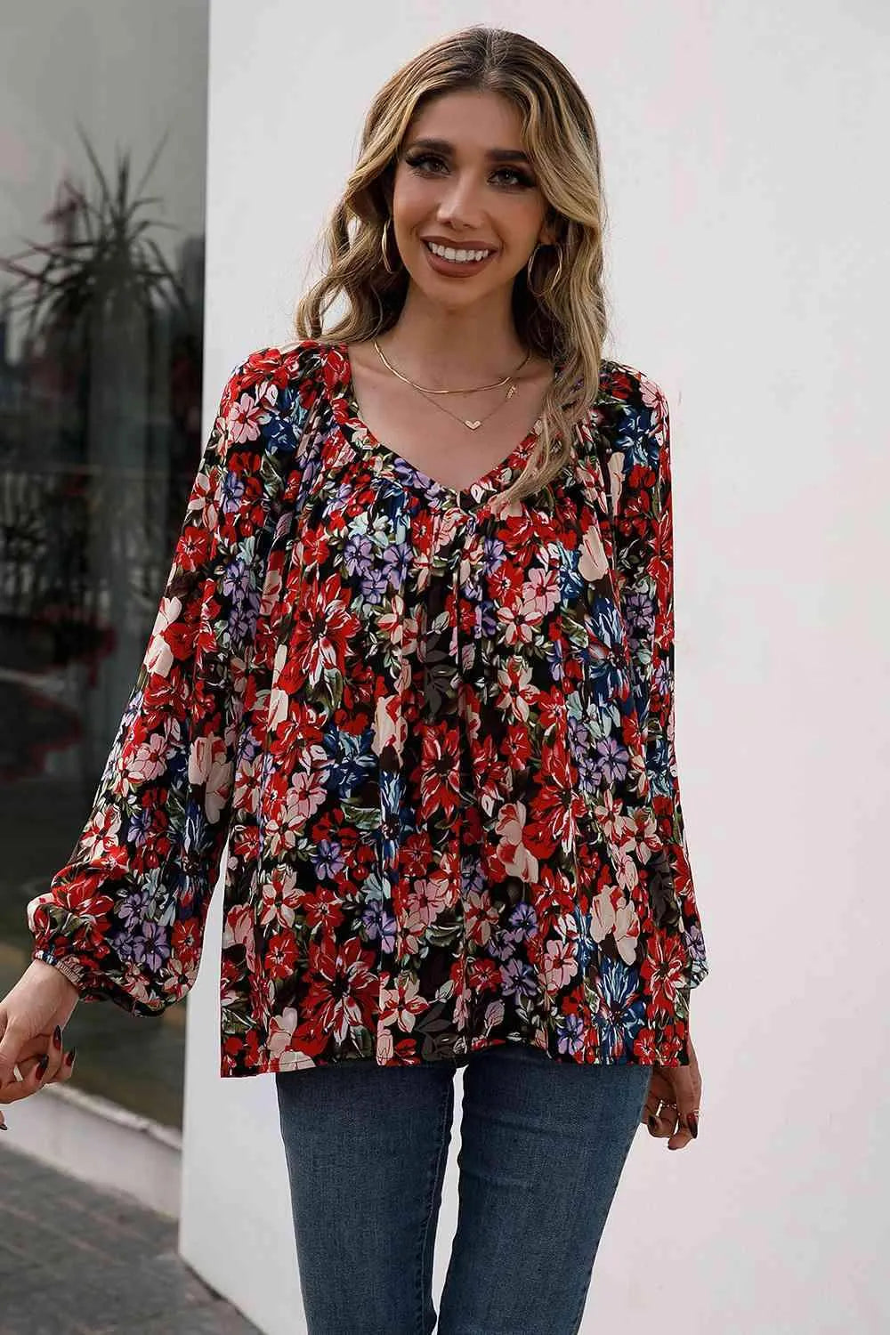 Floral Print Balloon Sleeve Ruched Blouse Red Blouses - Tophatter Daily Deals