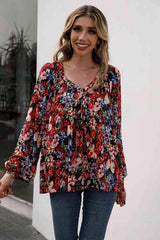 Floral Print Balloon Sleeve Ruched Blouse Red Blouses - Tophatter Daily Deals