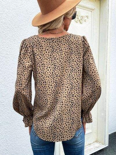 Leopard Round Neck Flounce Sleeve Blouse Blouses - Tophatter Daily Deals