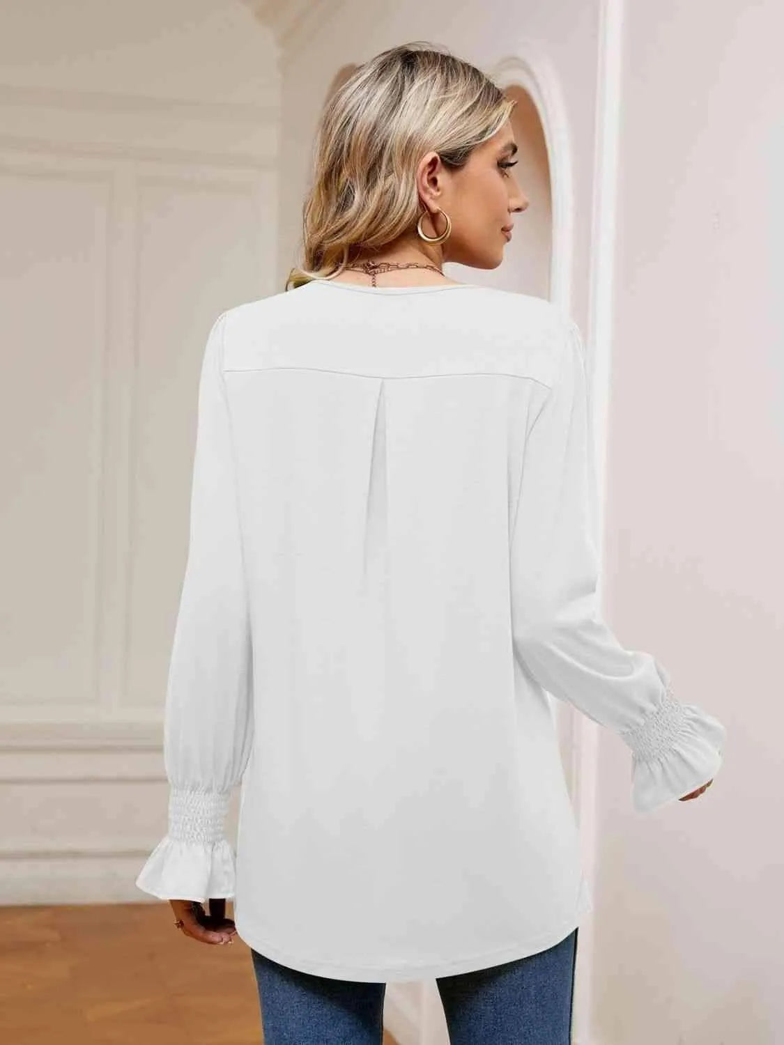 V-Neck Flounce Sleeve Blouse Blouses - Tophatter Daily Deals