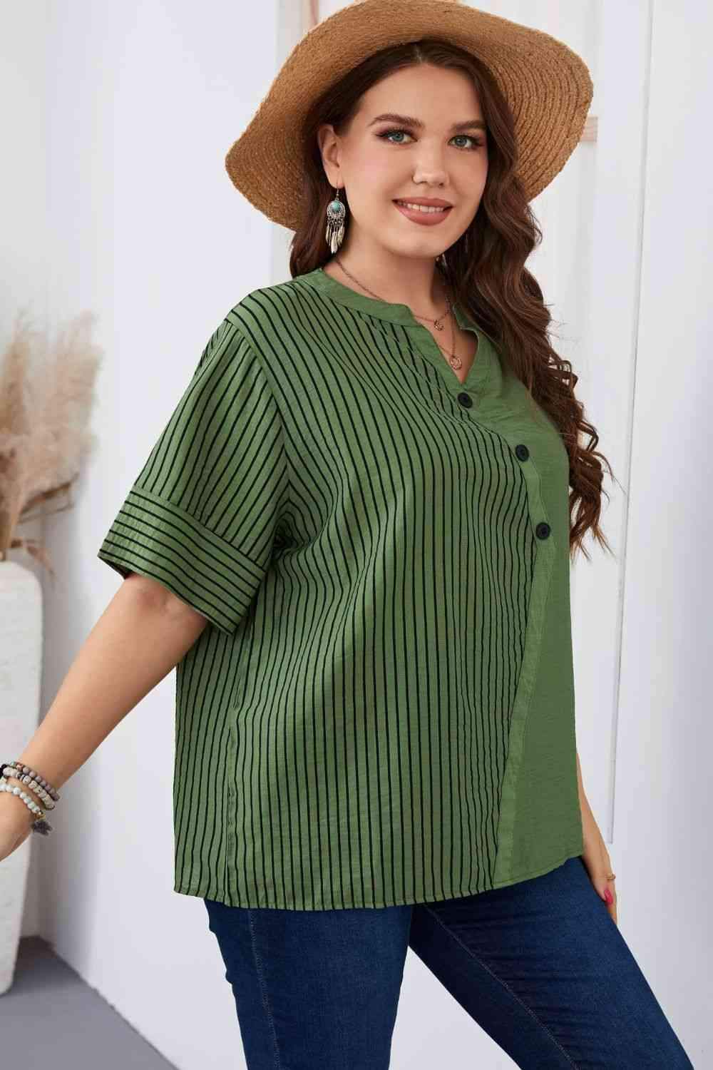 Plus Size Striped Notched Neck Half Sleeve Top Blouses - Tophatter Daily Deals