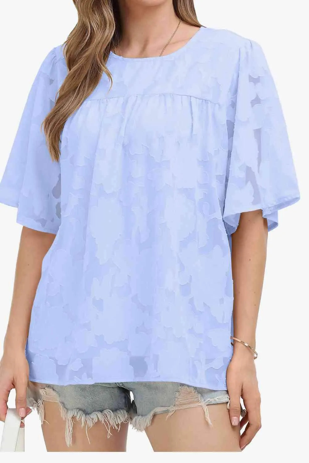 Round Neck Half Sleeve Blouse Pastel Blue Blouses - Tophatter Daily Deals
