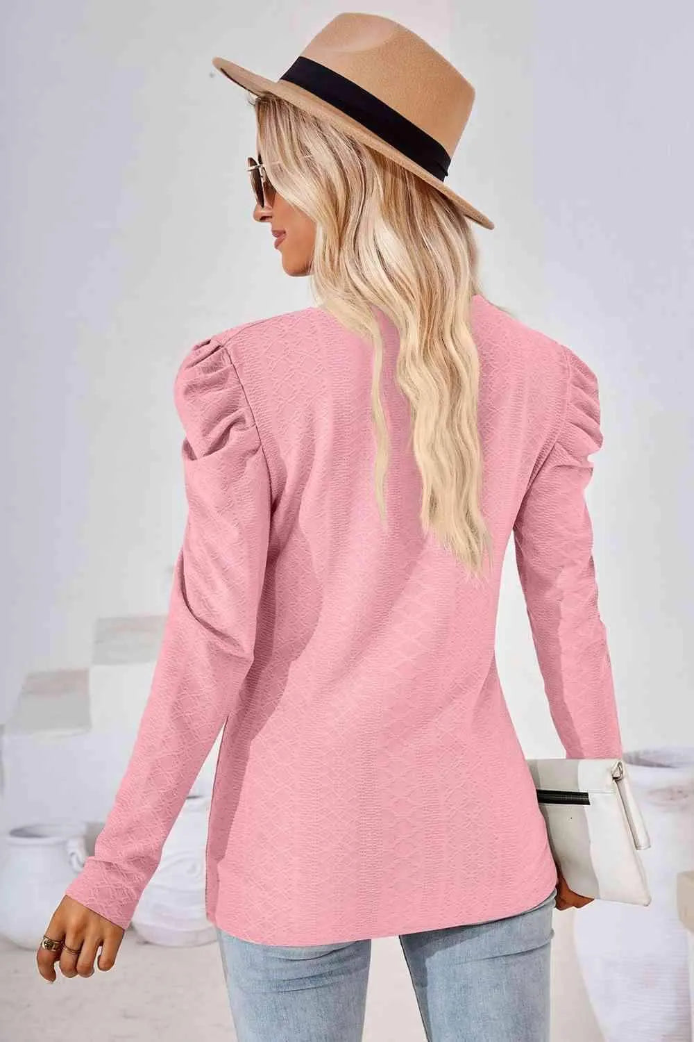 Round Neck Puff Sleeve Blouse Blouses - Tophatter Daily Deals