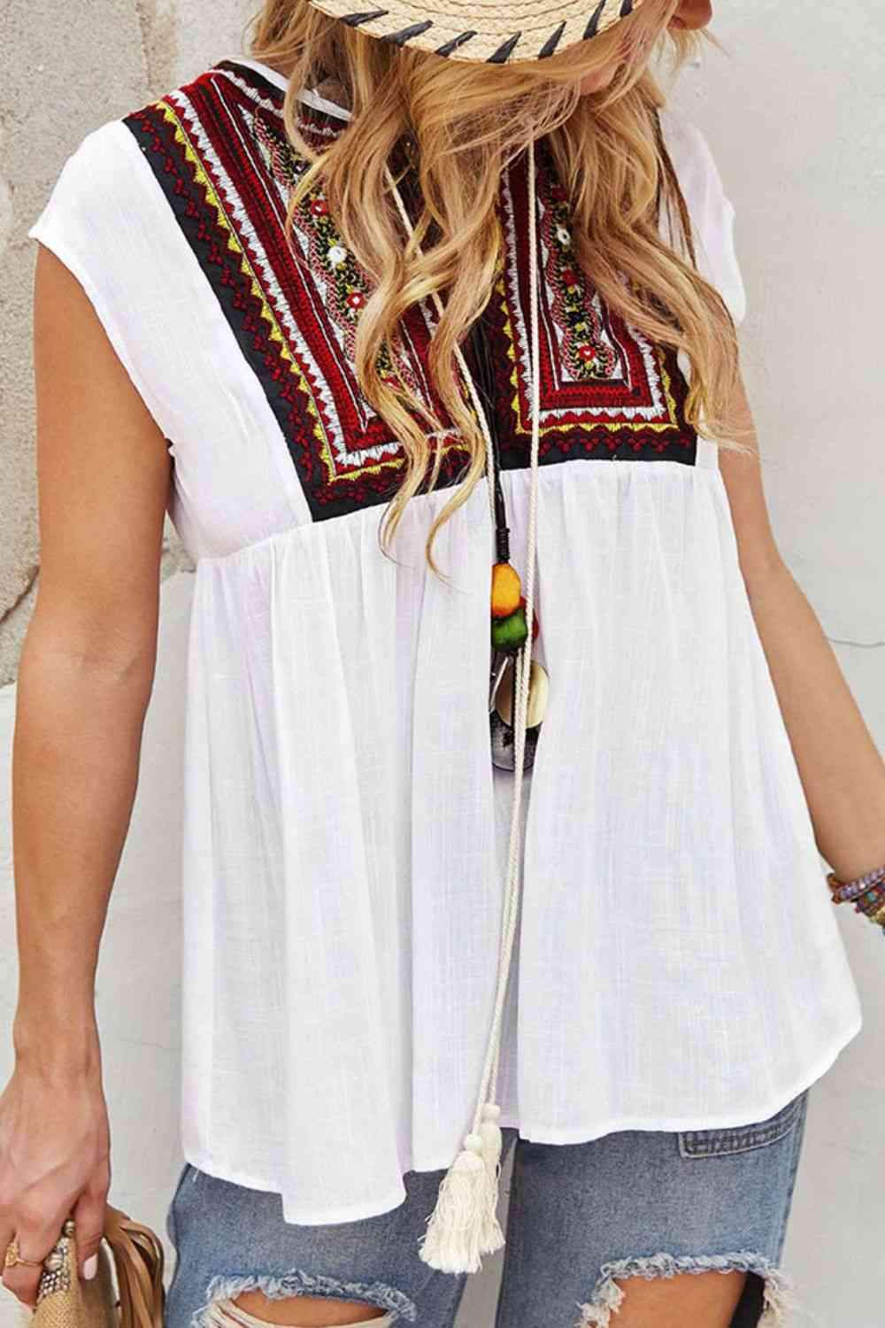 Tassel Tie Neck Ethnic Print Blouse White Blouses - Tophatter Daily Deals