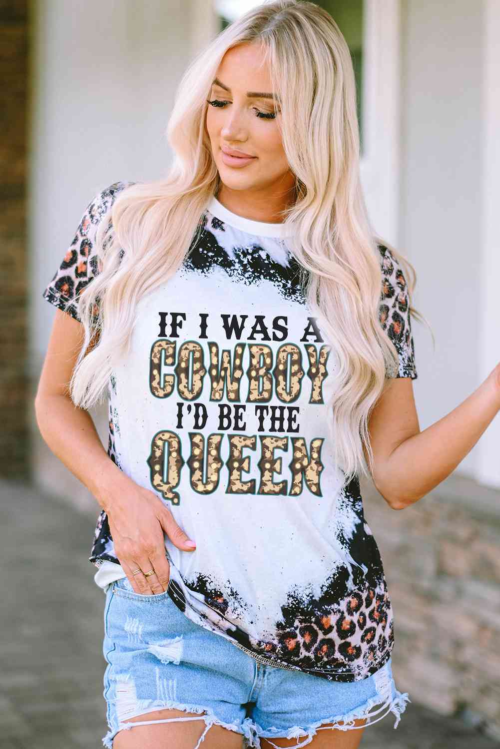 Slogan Graphic Leopard Round Neck Tee Leopard Women's T-Shirts - Tophatter Daily Deals