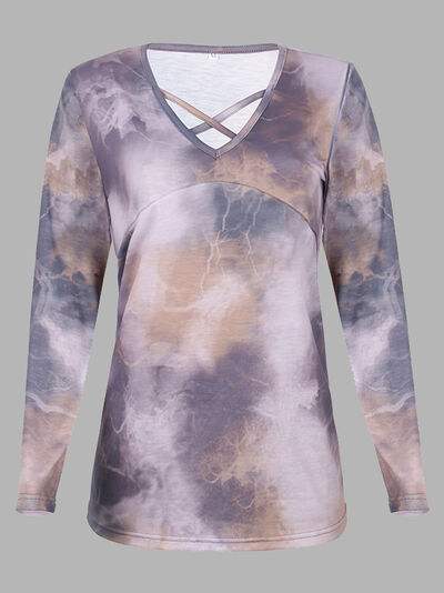 Tie-Dye Crisscross V-Neck Top Heather Gray Women's T-Shirts - Tophatter Daily Deals