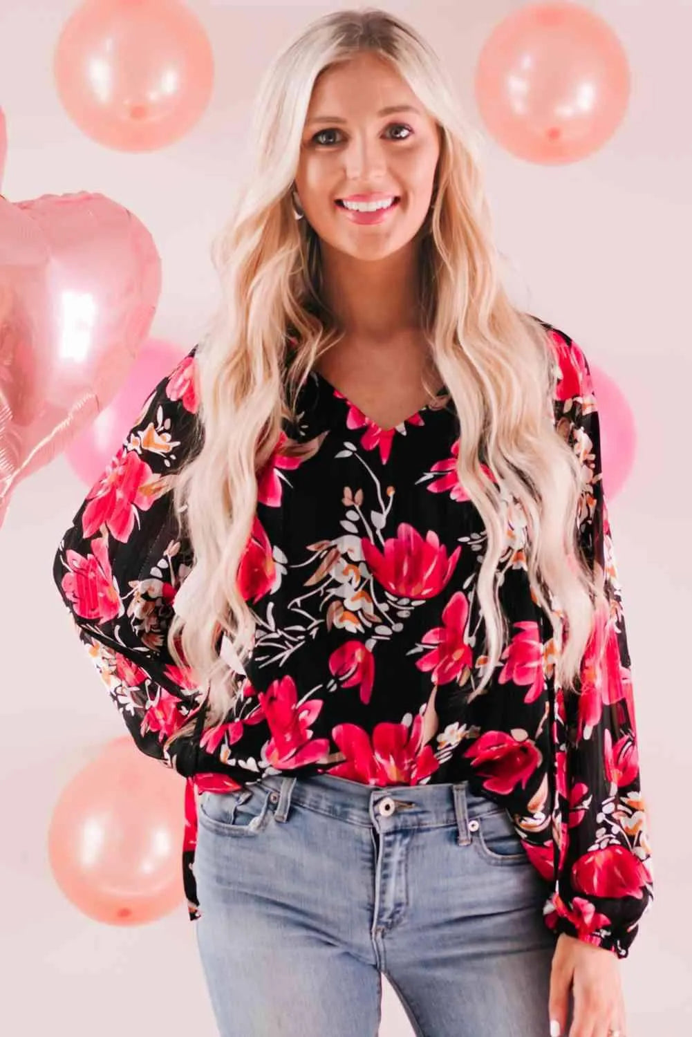 Floral V-Neck Balloon Sleeve Blouse Black S Blouses - Tophatter Daily Deals