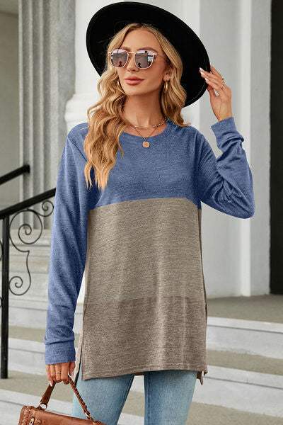 Color Block Round Neck Long Sleeve T-Shirt Women's T-Shirts - Tophatter Daily Deals