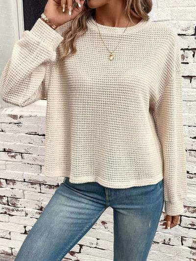 Waffle-Knit Round Neck Long Sleeve T-Shirt Women's T-Shirts - Tophatter Daily Deals