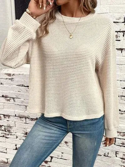 Waffle-Knit Round Neck Long Sleeve T-Shirt Women's T-Shirts - Tophatter Daily Deals