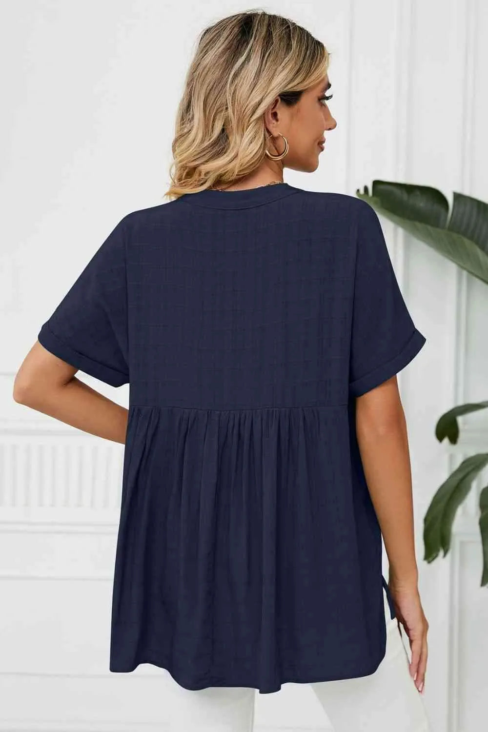 Side Slit Notched Neck Cuffed Short Sleeve Blouse Blouses - Tophatter Daily Deals