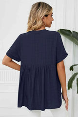 Side Slit Notched Neck Cuffed Short Sleeve Blouse Blouses - Tophatter Daily Deals