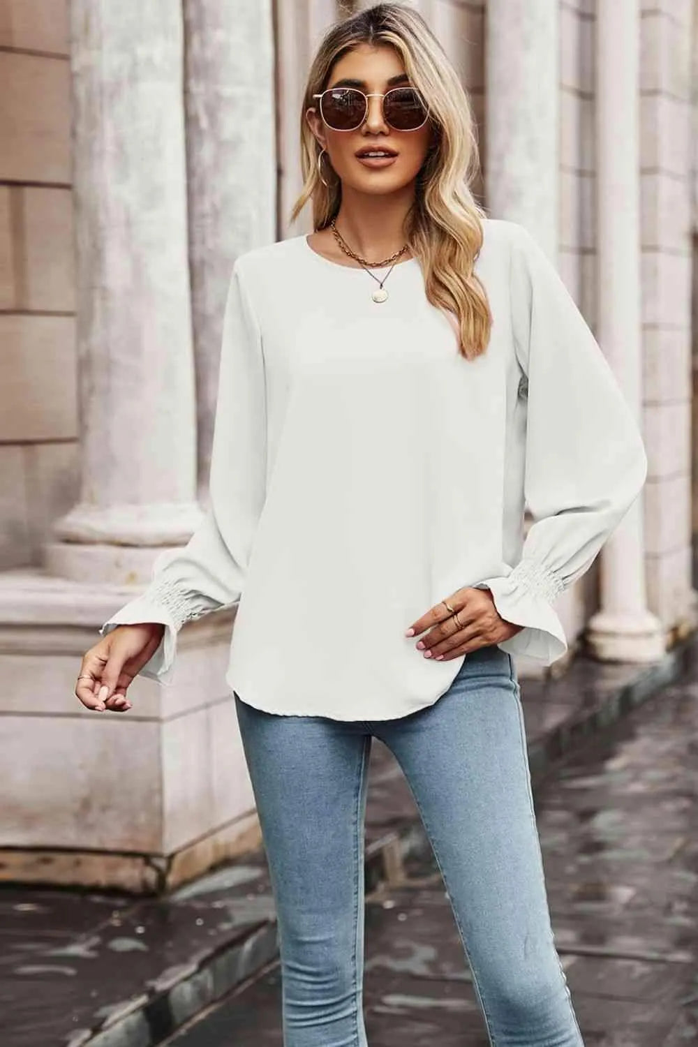 Round Neck Long Flounce Sleeve Blouse White Blouses - Tophatter Daily Deals