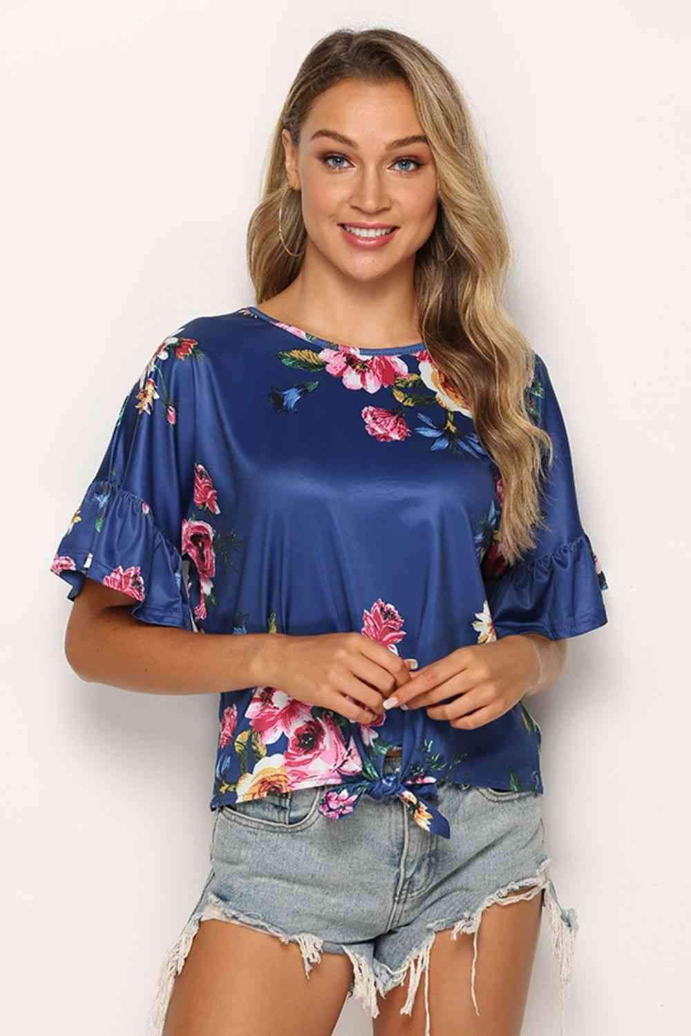 Floral Tie Hem Flounce Sleeve Top Royal Blue Blouses - Tophatter Daily Deals