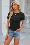 Eyelet Ruched Round Neck Short Sleeve T-Shirt Women's T-Shirts - Tophatter Daily Deals