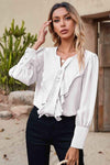 Notched Neck Lantern Sleeve Ruffle Trim Blouse Blouses - Tophatter Daily Deals