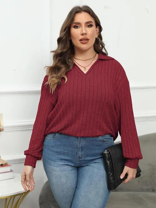 Plus Size Ribbed Collared Neck Long Sleeve Blouse Brick Red Blouses - Tophatter Daily Deals