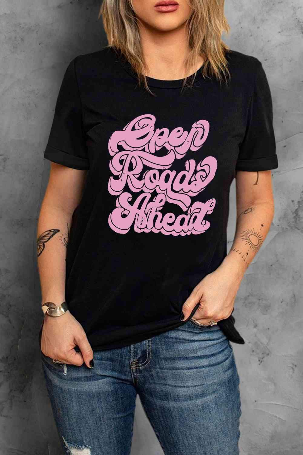 Round Neck Short Sleeve OPEN ROADS AHEAD Graphic Tee Women's T-Shirts - Tophatter Daily Deals