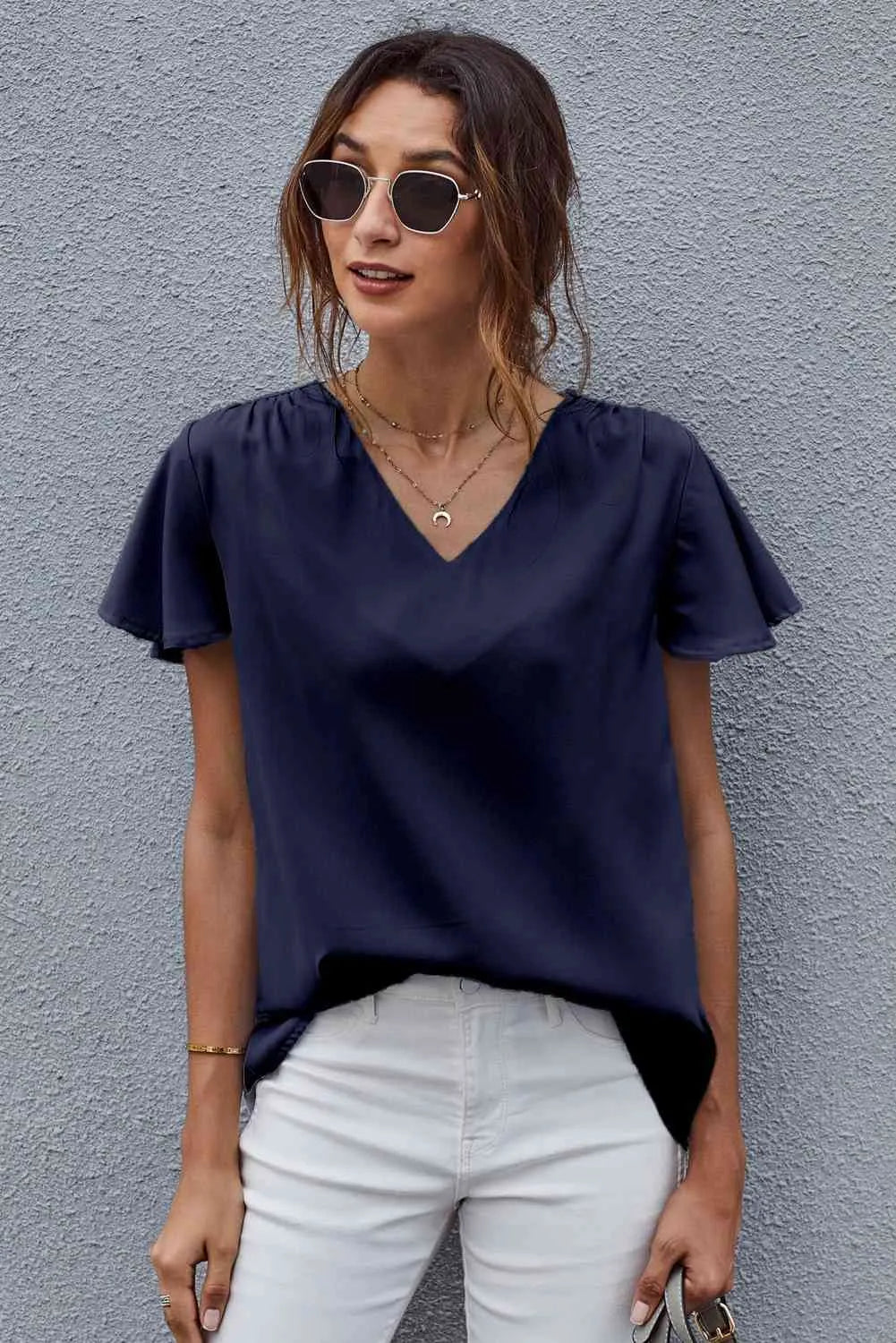 V-Neck Flutter Sleeve Blouse Blouses - Tophatter Daily Deals