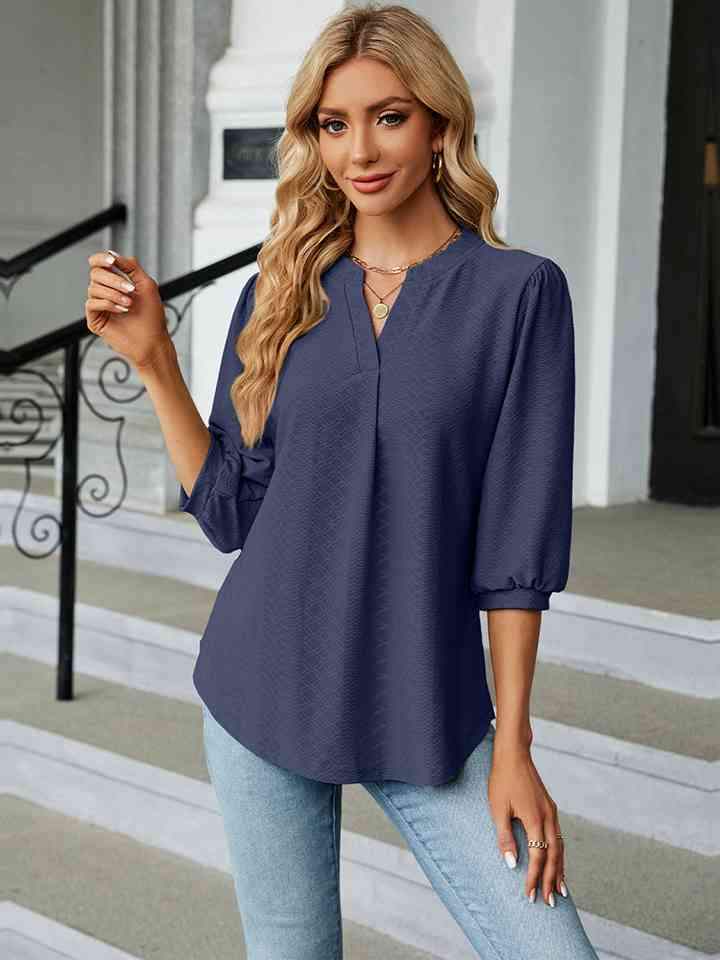 Notched Neck Three-Quarter Sleeve Blouse Navy Women's T-Shirts - Tophatter Daily Deals