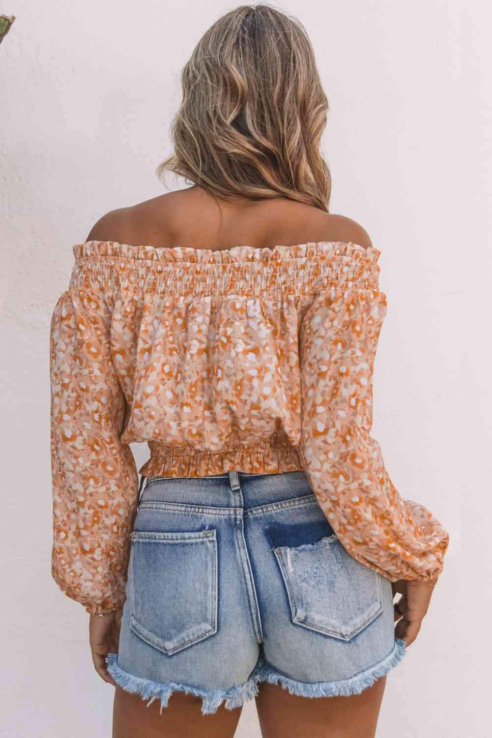 Floral Frill Trim Smocked Off-Shoulder Top Blouses - Tophatter Daily Deals