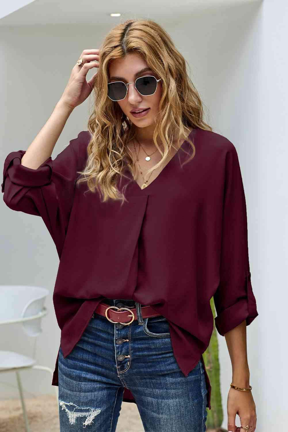 V-Neck Roll-Tab Sleeve Blouse Wine Blouses - Tophatter Daily Deals