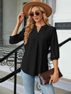 Notched Neck Three-Quarter Sleeve Blouse Black Women's T-Shirts - Tophatter Daily Deals