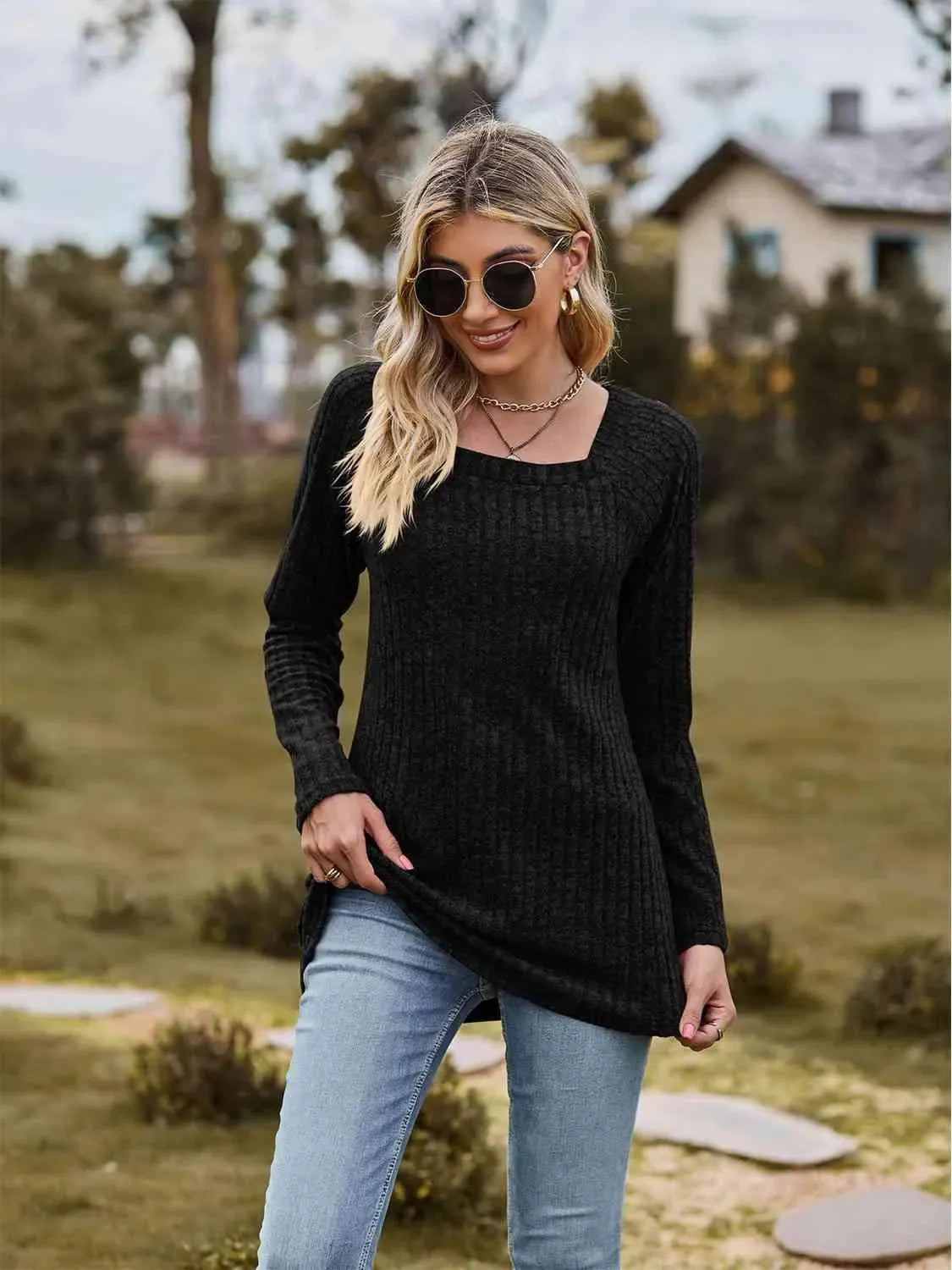 Full Size Ribbed Square Neck Long Sleeve T-Shirt Women's T-Shirts - Tophatter Daily Deals