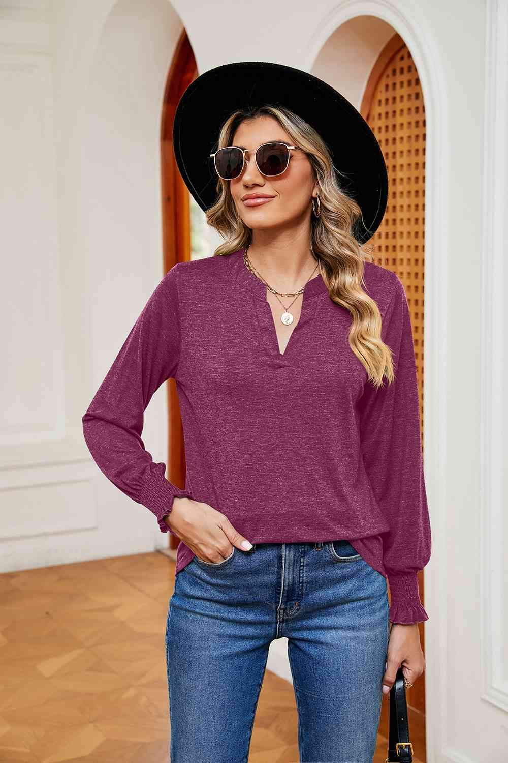 Notched Neck Long Sleeve Blouse Deep Rose Blouses - Tophatter Daily Deals