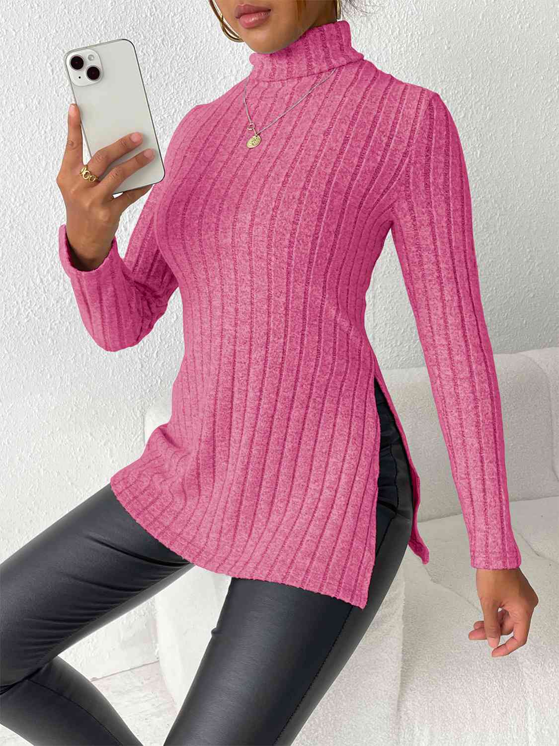 Ribbed Turtleneck Long Sleeve Slit T-Shirt Women's T-Shirts - Tophatter Daily Deals